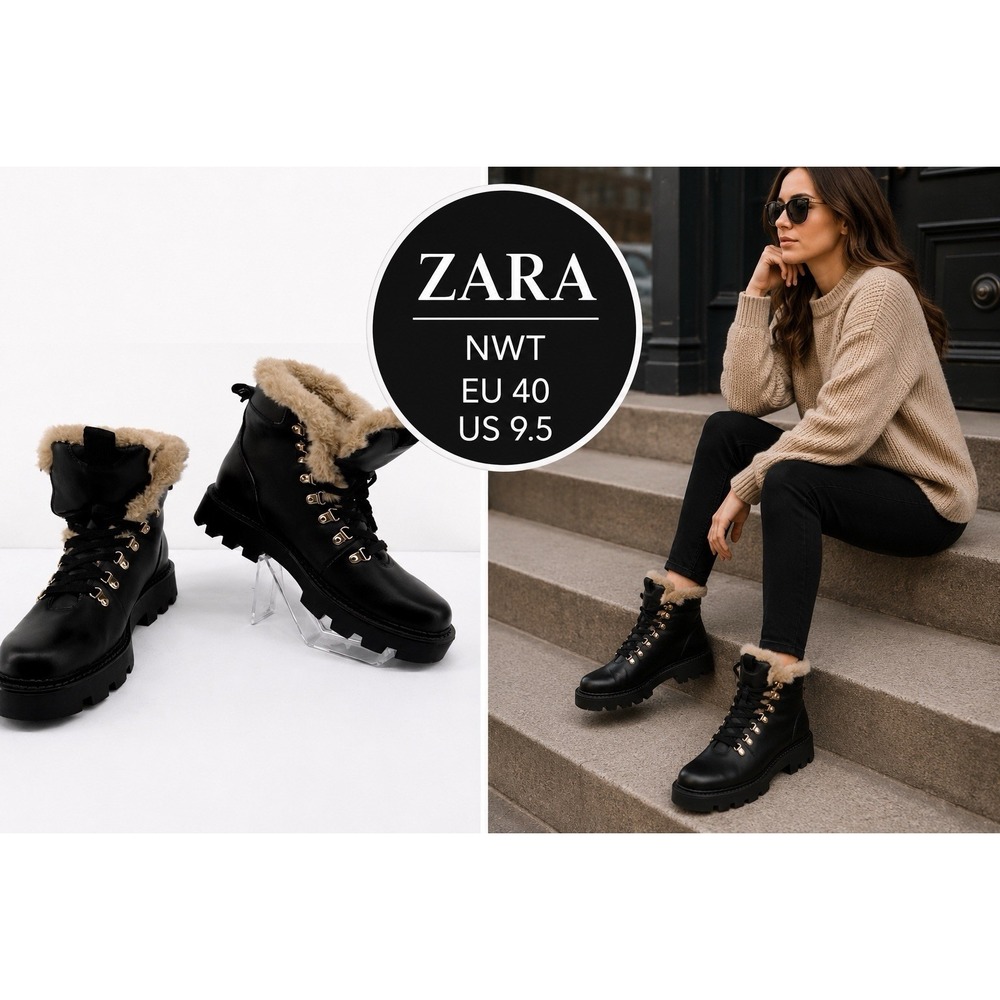 ZARA Women's Black Leather Fur Lined Combat Boots EU 40 US 9.5 Lug Sole NWT Edgy